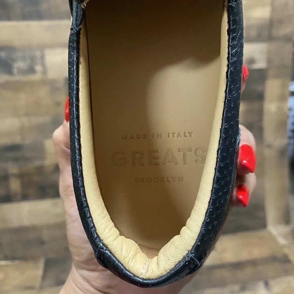 The Greats Brooklyn Laser Etched Italian Black Leather Slip On Sneaker sz 10